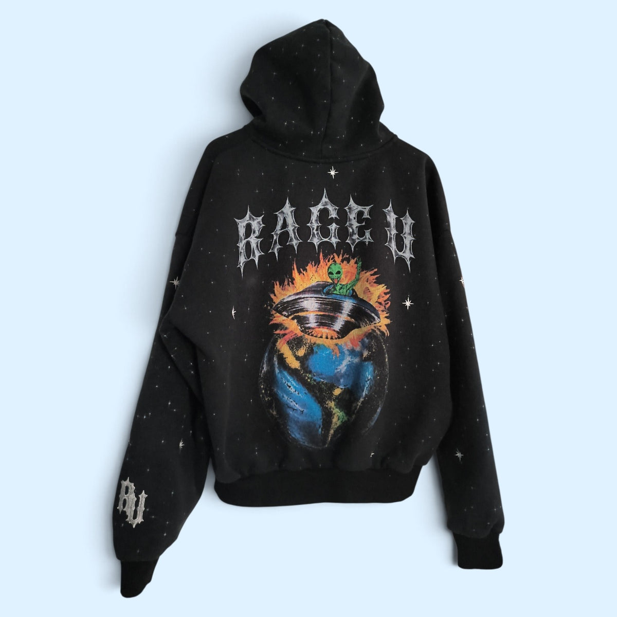 StarFall Hoodie back view with RAGE U gothic print above UFO-alien flame graphic over planet Earth