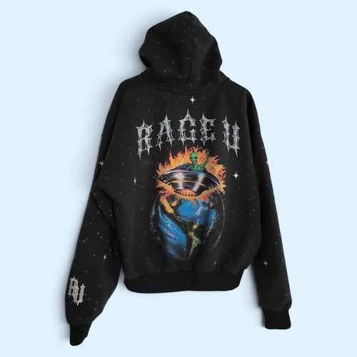 StarFall Hoodie back view with RAGE U gothic print above UFO-alien flame graphic over planet Earth