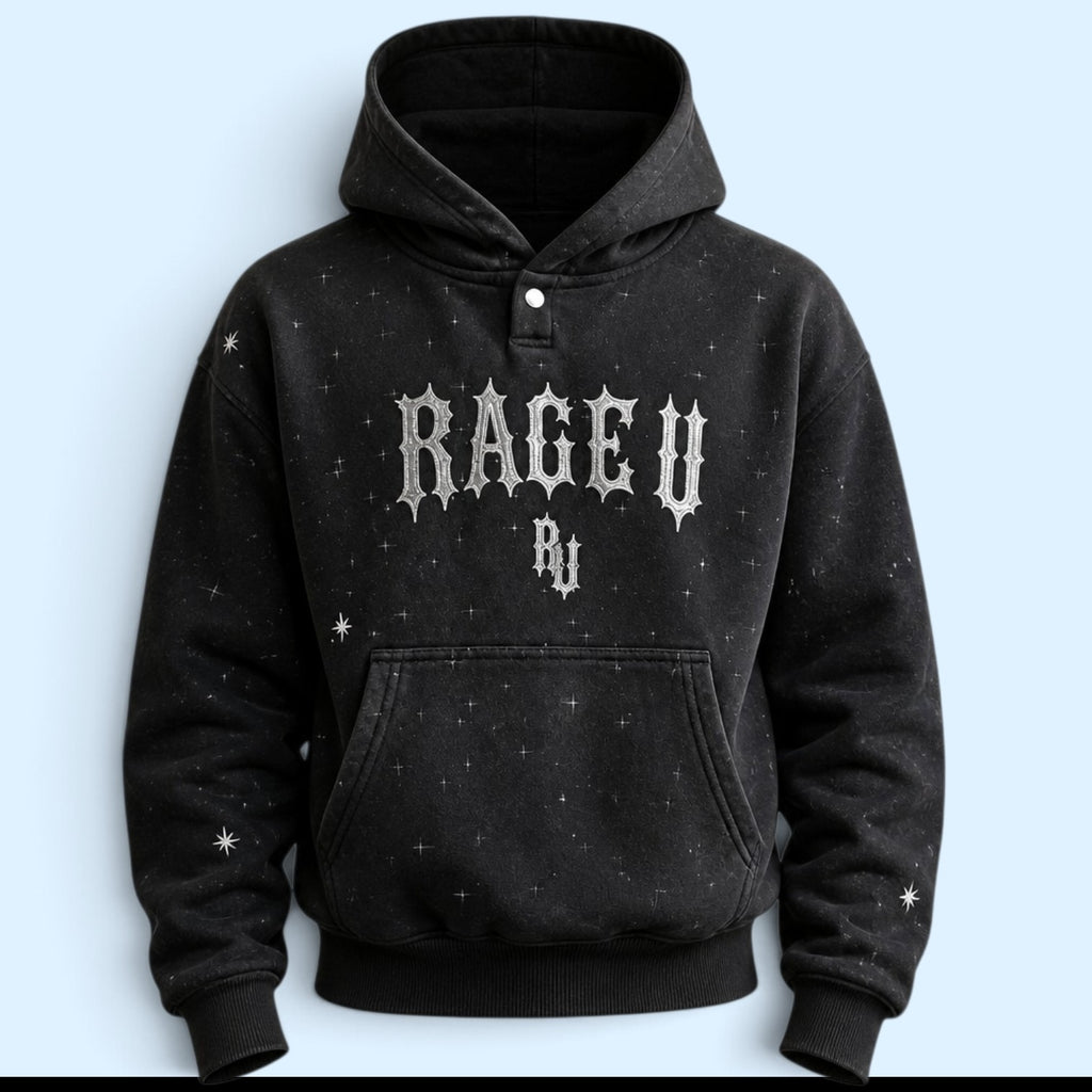 StarFall Hoodie — black heavyweight hoodie front view with RAGE U gothic chest print and star-speckled washed fabric