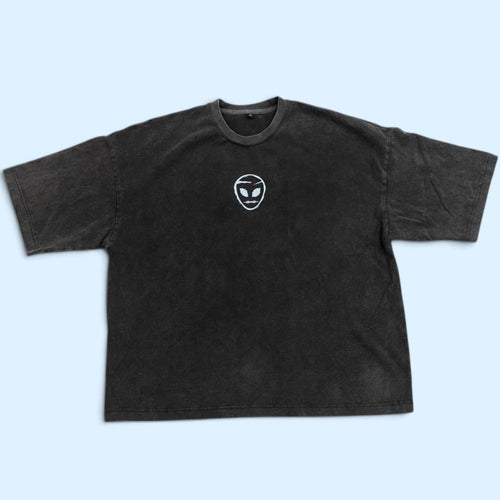The Origin Heavyweight Tee — Vintage Black front view: heavyweight 300 GSM cotton boxy tee with white alien insignia on the chest